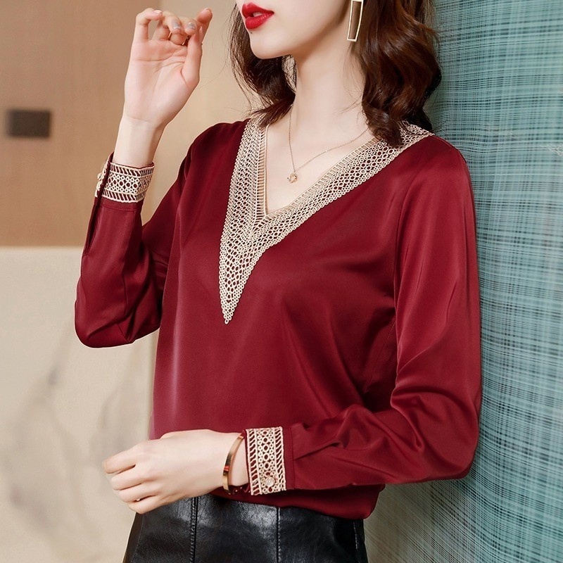 2023 2024 Long Sleeve Solid White Black V-Neck Embroidery Chiffon Blouse Shirt Office Lady Work Blusas Mujer E653