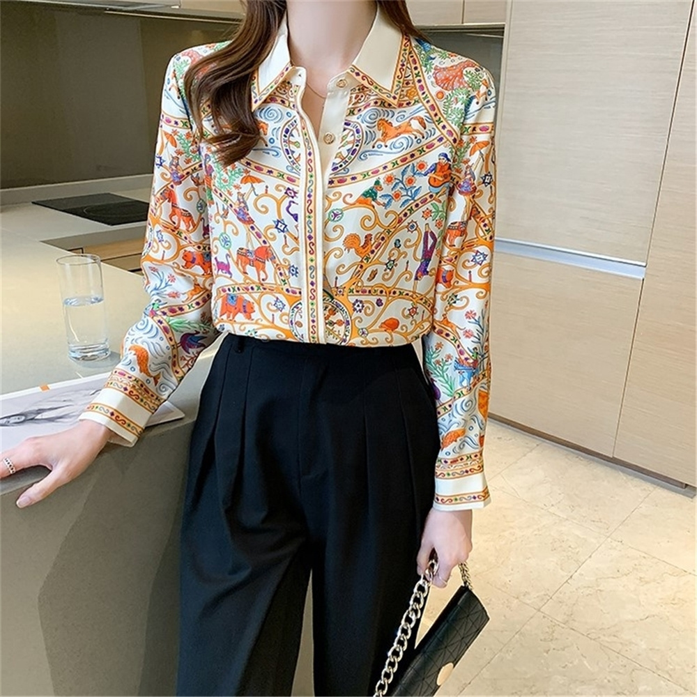 Basic Office Lady Blusa Turn-Down Collar Vintage Print Tops Elegant Chiffon Women Blouses Loose Casual Shirts