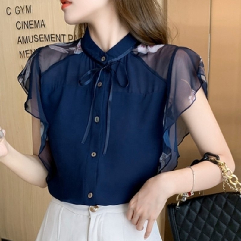 Summer Women Chiffon Blouses Shirt Women Tops Short Sleeve Navy Blue Blouse Women Blusas Mujer De Moda 8333#