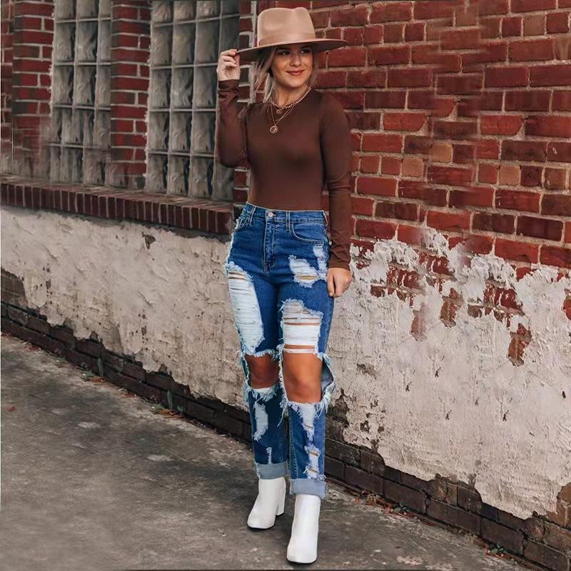 Custom Fashion Casual Baggy Mom Pants Woman Maong Pants Cotton Blue Mid Waist Wash Ripped Jeans Womens 2020