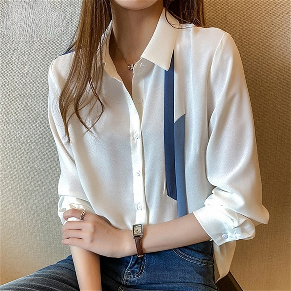 Blouse Women Spring Autumn Single Breasted Turn-Down Collar Shirts Office Work Blouses Chiffon Vintage Loose Tops 18114#