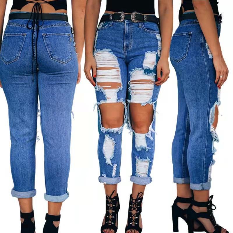 Custom Fashion Casual Baggy Mom Pants Woman Maong Pants Cotton Blue Mid Waist Wash Ripped Jeans Womens 2020