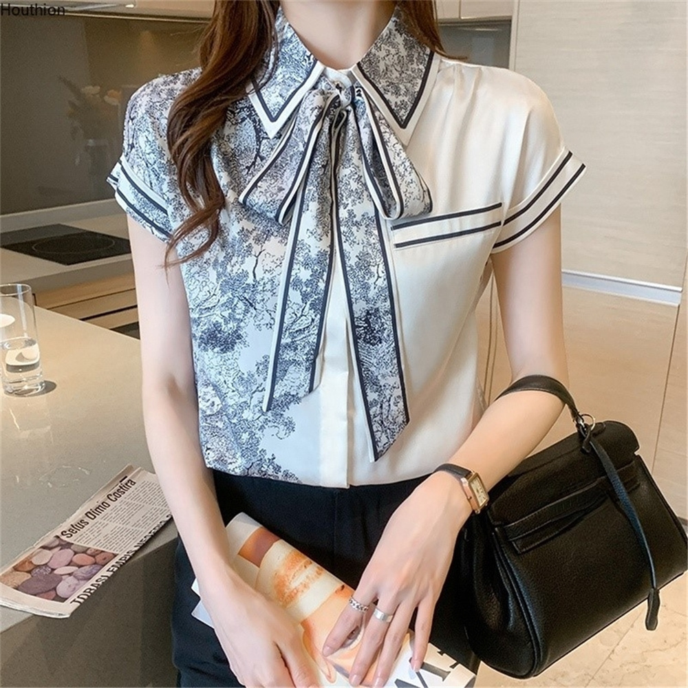 Satin Loose Large Size Women Blouse Summer New Casual Fashion Short Sleeve Top Stitching Bow Collar Shirt 9350#