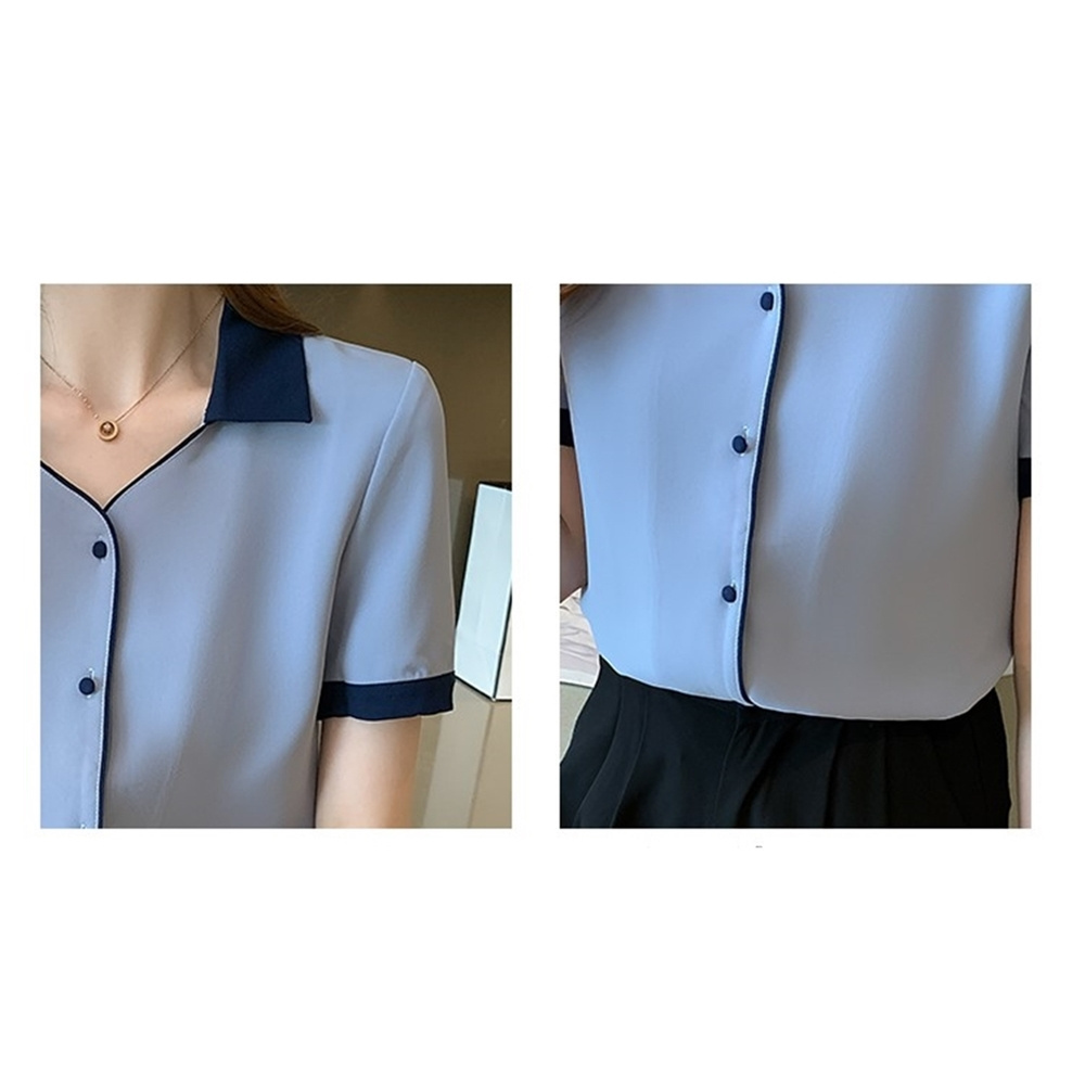 Blusas Blouses Top Femme Short Sleeve V-Neck Chiffon Blouse Shirt Women Blue Blusas Mujer De Moda E841