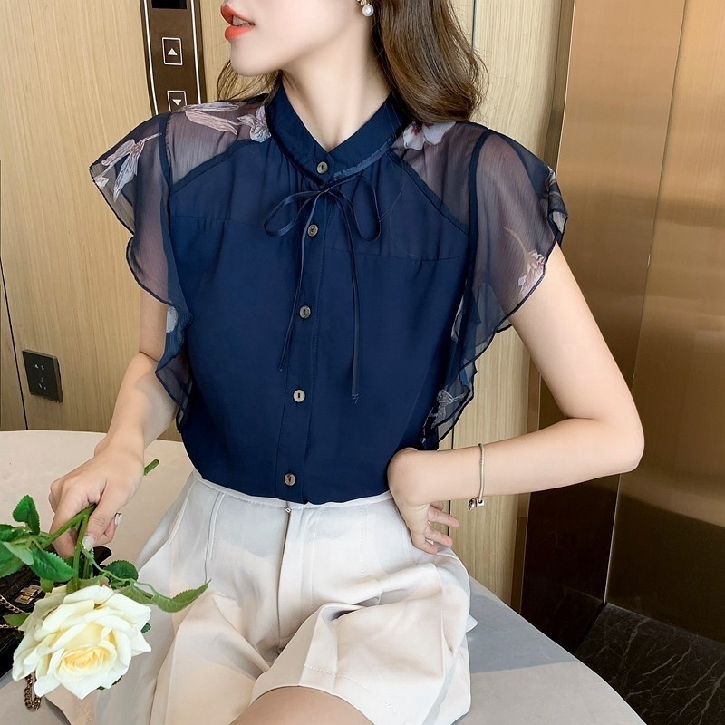 Summer Women Chiffon Blouses Shirt Women Tops Short Sleeve Navy Blue Blouse Women Blusas Mujer De Moda 8333#