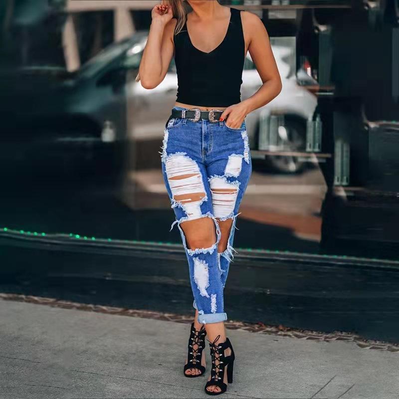 Custom Fashion Casual Baggy Mom Pants Woman Maong Pants Cotton Blue Mid Waist Wash Ripped Jeans Womens 2020