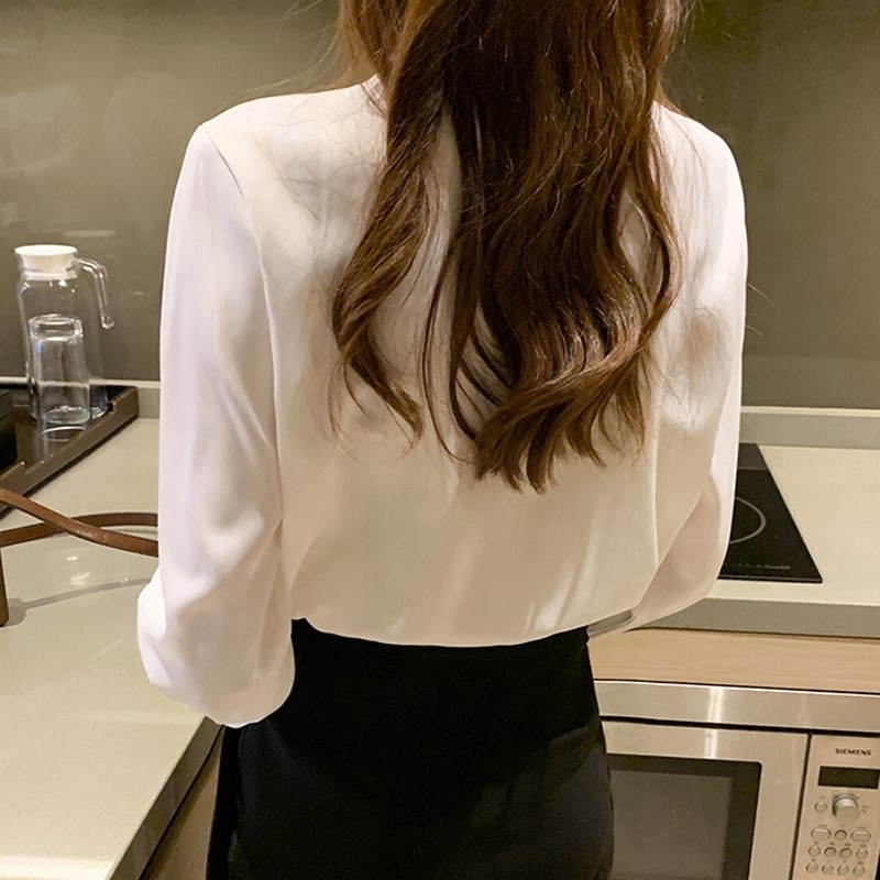 Long Sleeve Solid White Red Blouse Shirt Office Women Bow V-Neck Sequined Chiffon Blouses Tops Women Blusa