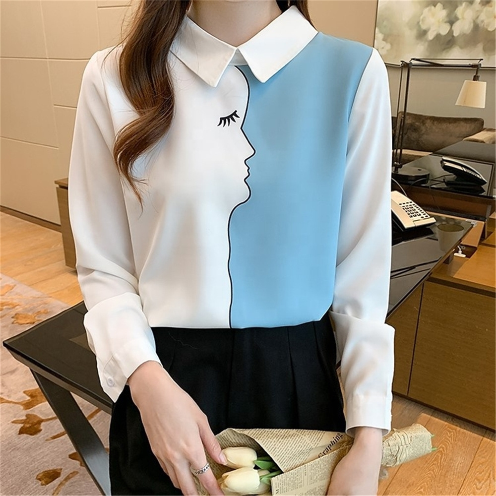 Women Spring Autumn Vintage Stitching Print Blouses Korean Elegant Office Shirt Long Sleeve Shirt Ladies Chiffon Blouse Top