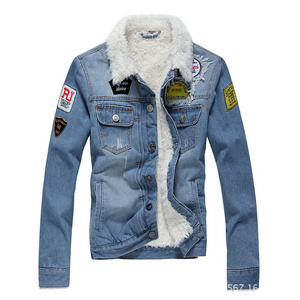 Wholesale Plain Winter Jeans Jaket Mens Patch Button Up Thick Winter Bulk Denim Jacket