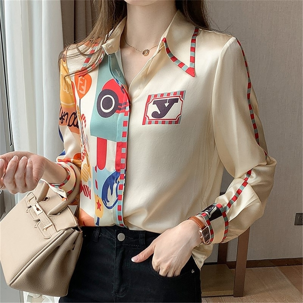 Fashion Letter Printed OL Shirts Women's Blouses 2022 Summer Spring Casual Loose Long Sleeve Tops Blusas Mujer