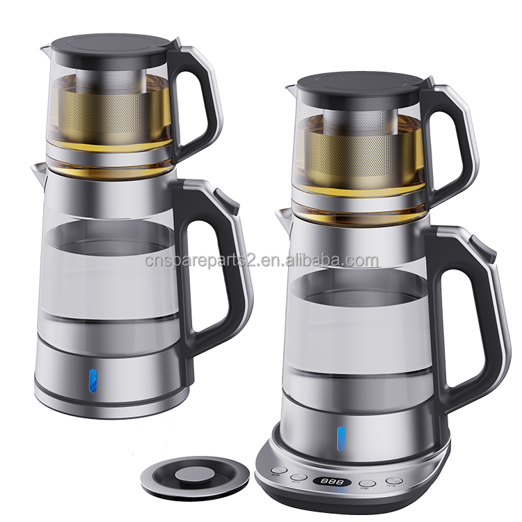 Double Layer Electric Tea Maker Temperature Control Digital Led Glass Body Black Electric Kettles With Teapot Set