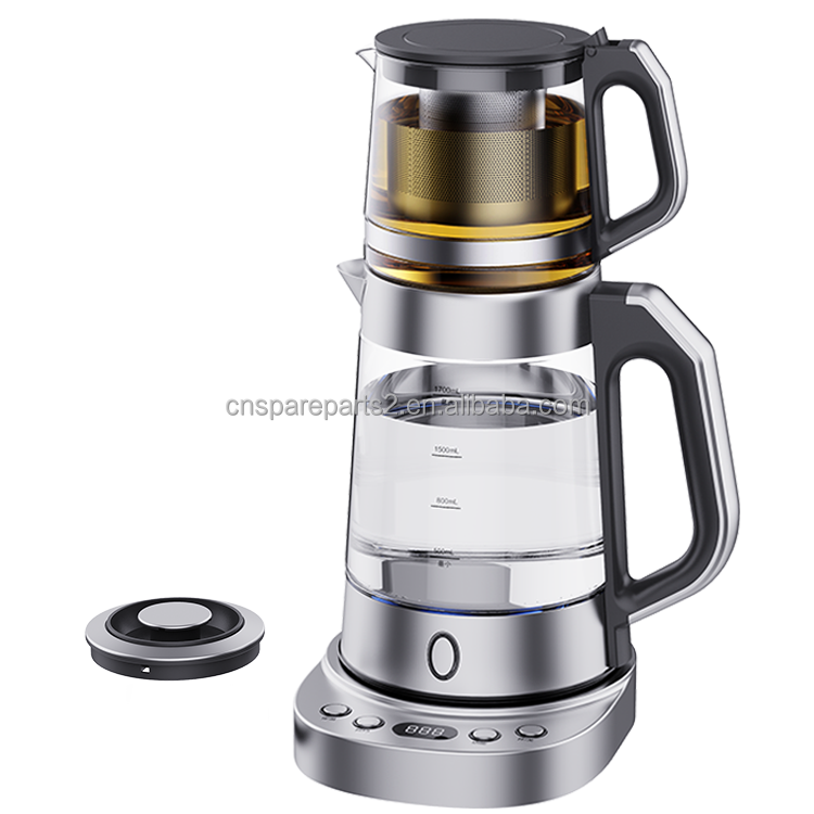 Double Layer Electric Tea Maker Temperature Control Digital Led Glass Body Black Electric Kettles With Teapot Set