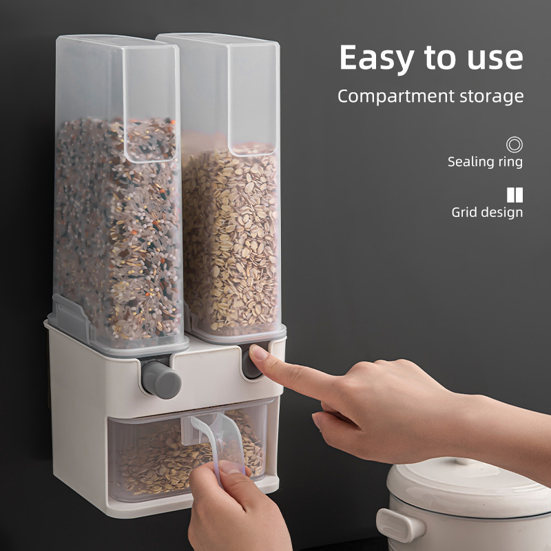 Kitchen wall mounted plastic press type  grain storage container box bulk food cereal pet dry food  oatmeals rice dispenser