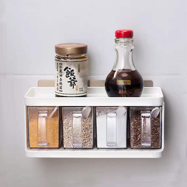 Kitchen Wall Mounted Plastic no drilling seasoning box spice rack for spice sugar salt condiment holder organizer