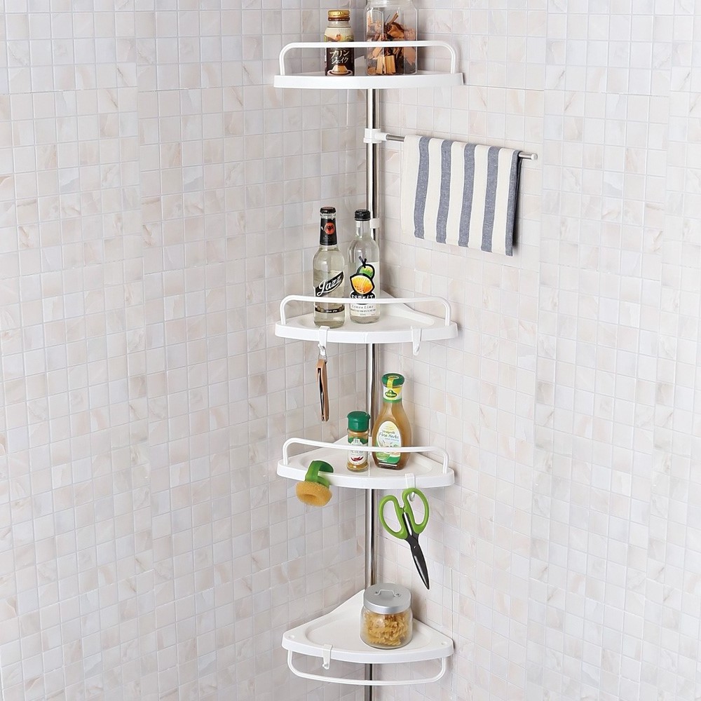 Good quality bathroom  organizer floor stand shower caddy  plastic shelves with stainless steel tube