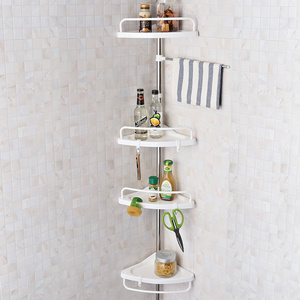 Good quality bathroom  organizer floor stand shower caddy  plastic shelves with stainless steel tube