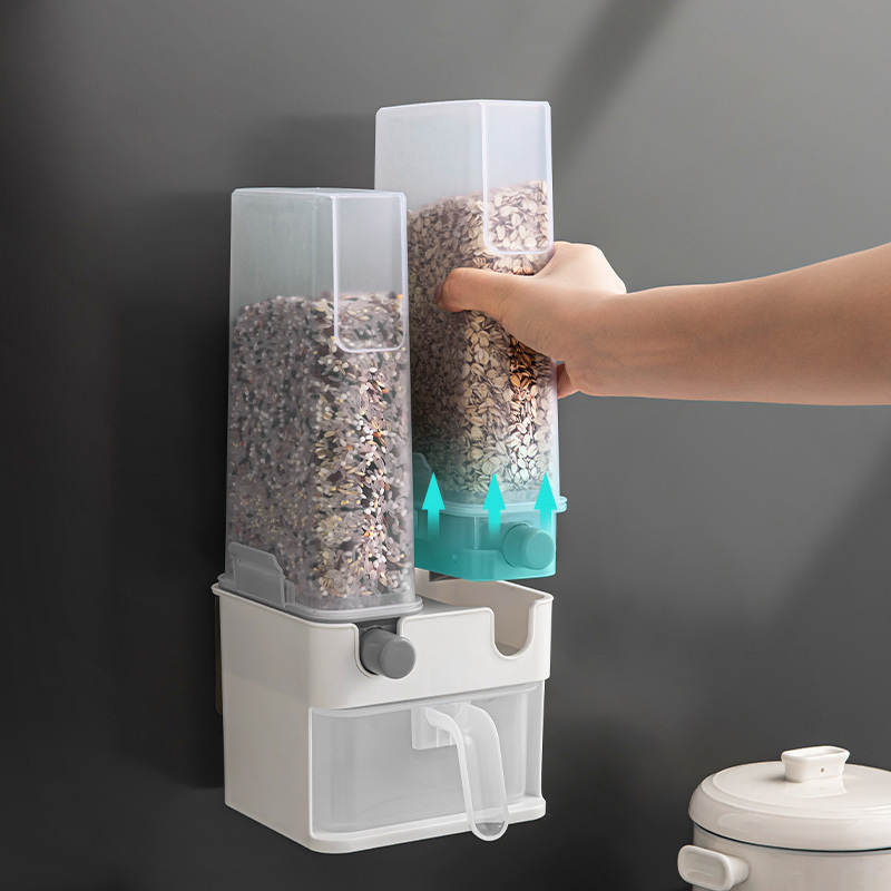 Kitchen wall mounted plastic press type  grain storage container box bulk food cereal pet dry food  oatmeals rice dispenser