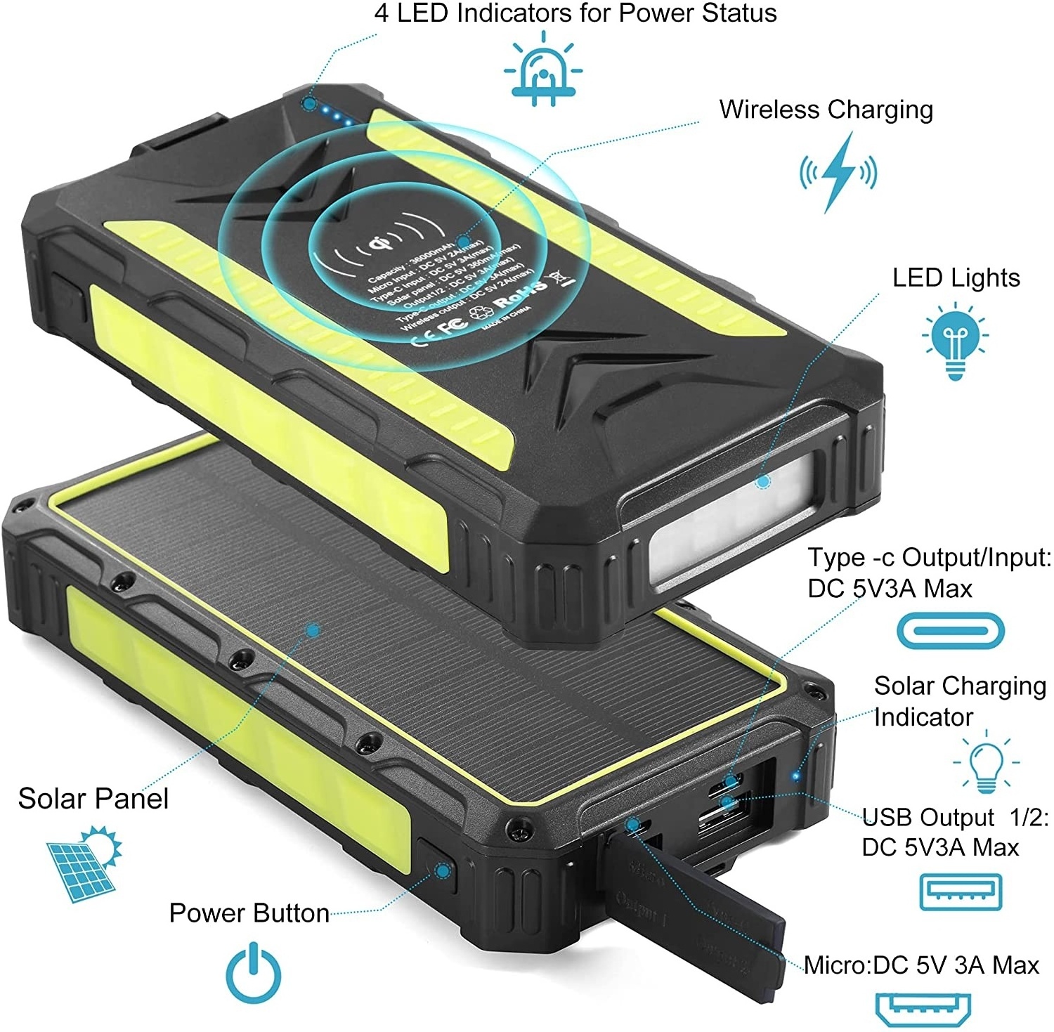 Solar power battery bank fast charging wireless powerbank 30000mah solar power bank solar light with power bank