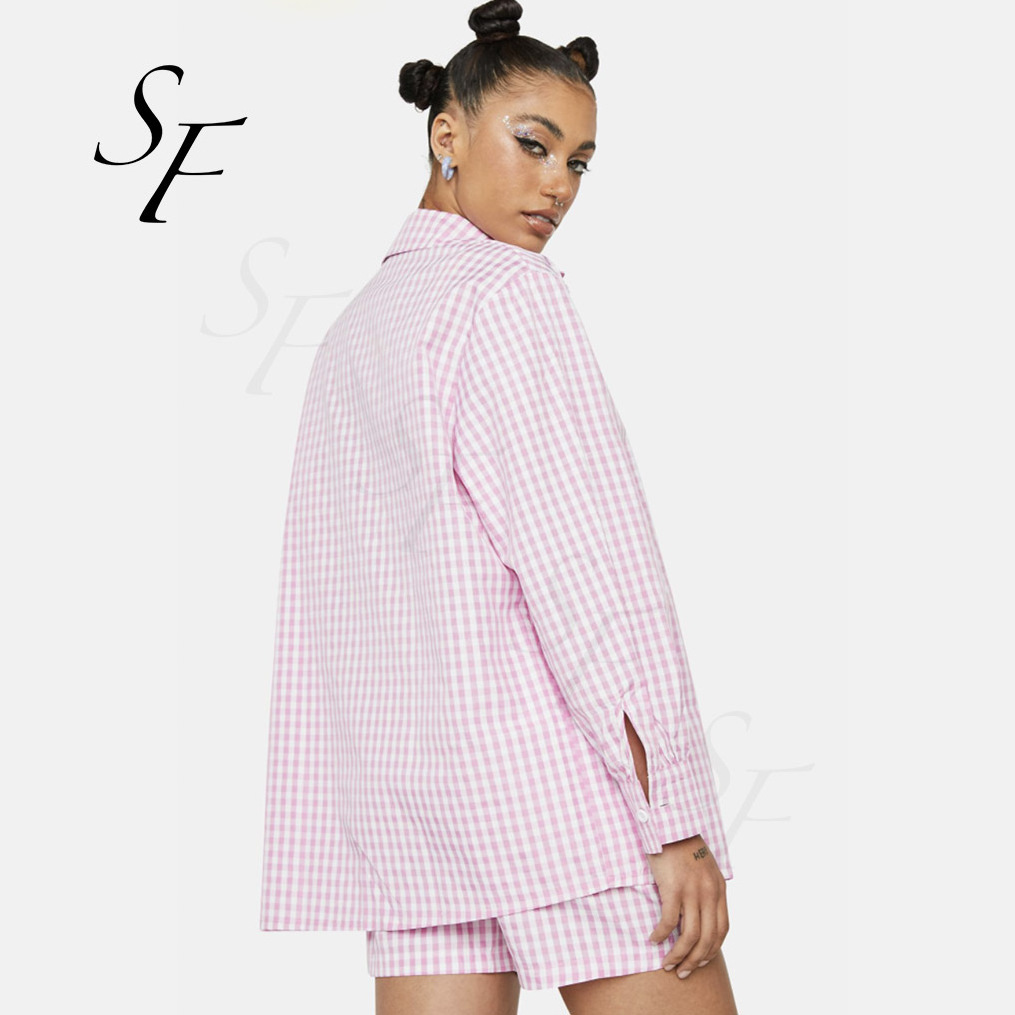 Custom logo summer casual cotton fashion pink plaid long sleeve t-shirt top high waist mini shorts two piece set for women