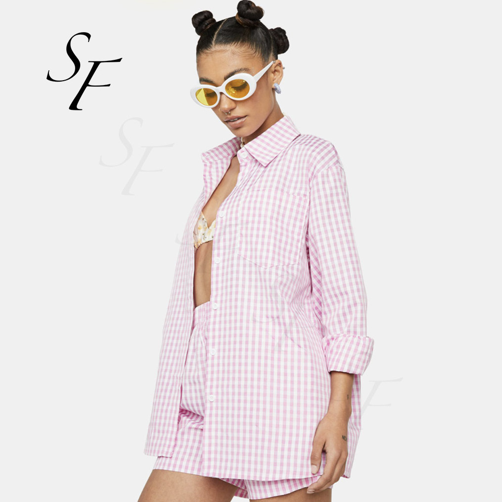 Custom logo summer casual cotton fashion pink plaid long sleeve t-shirt top high waist mini shorts two piece set for women