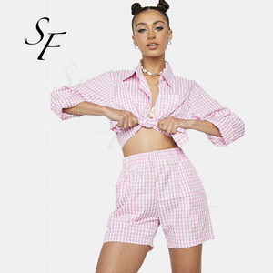 Custom logo summer casual cotton fashion pink plaid long sleeve t-shirt top high waist mini shorts two piece set for women