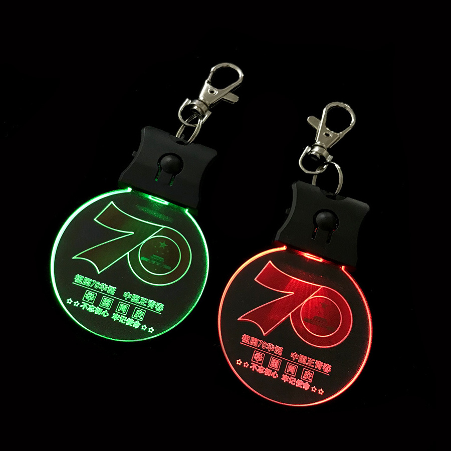 Promotional customized 3D laser engraved LOGO shape LED acrylic keyring holder LED light keychain