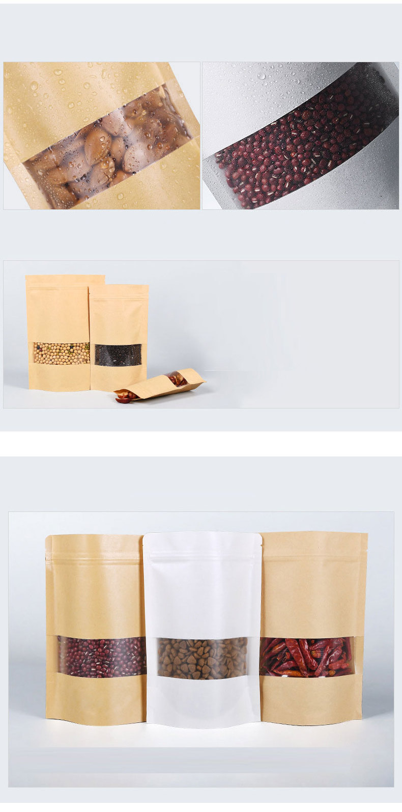 Resealable Brown Kraft Paper Biodegradable Packaging Standing Up Pouches Window Food Packaging Zip Lock Bags With Zipper