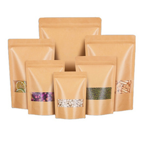 Resealable Brown Kraft Paper Biodegradable Packaging Standing Up Pouches Window Food Packaging Zip Lock Bags With Zipper