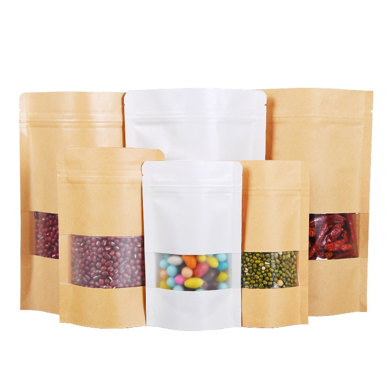 Resealable Brown Kraft Paper Biodegradable Packaging Standing Up Pouches Window Food Packaging Zip Lock Bags With Zipper