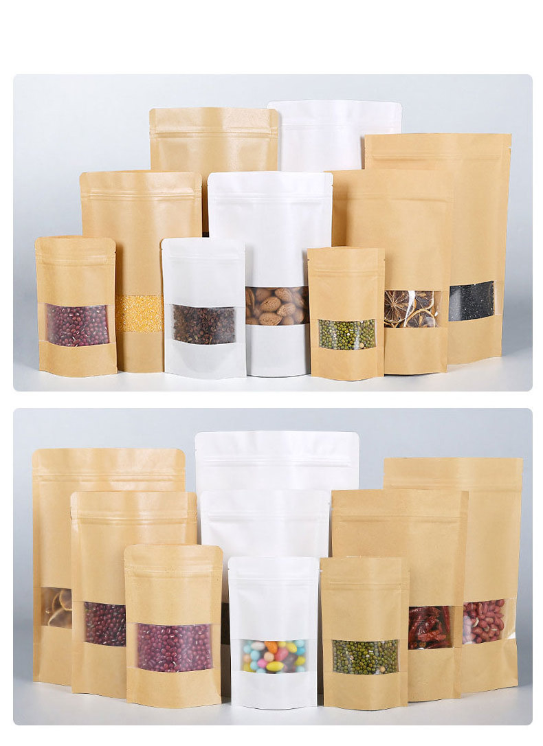 Resealable Brown Kraft Paper Biodegradable Packaging Standing Up Pouches Window Food Packaging Zip Lock Bags With Zipper