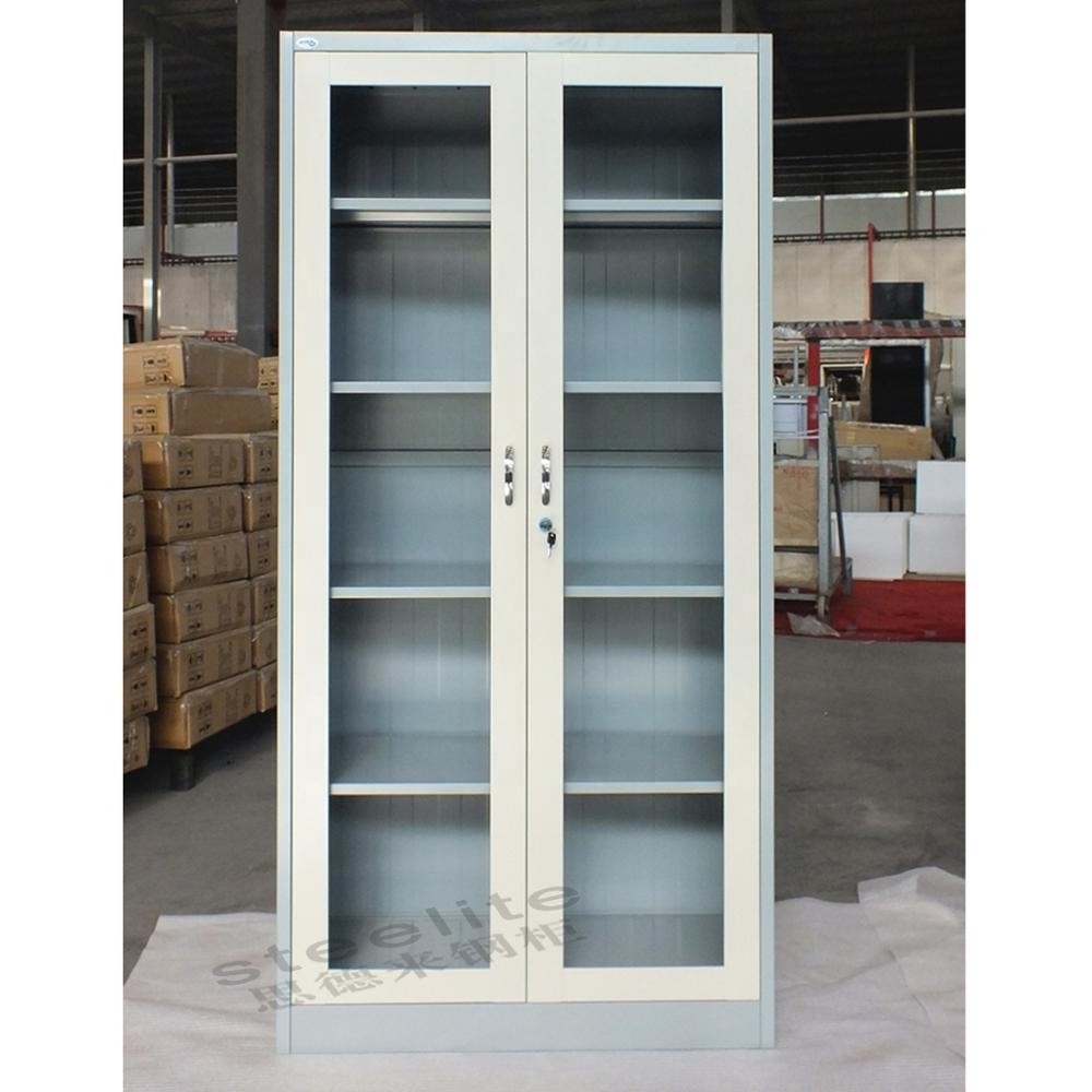 4 layer library goods display cupboard with glass sliding doors / vertical sliding glass door metal chemical storage cabinet