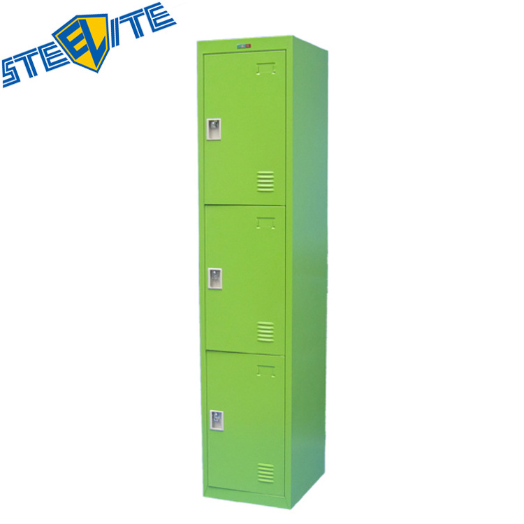 green three door metal corner children's closet / vertical slim 3 door kids personal effects storage steel cube wardrobe