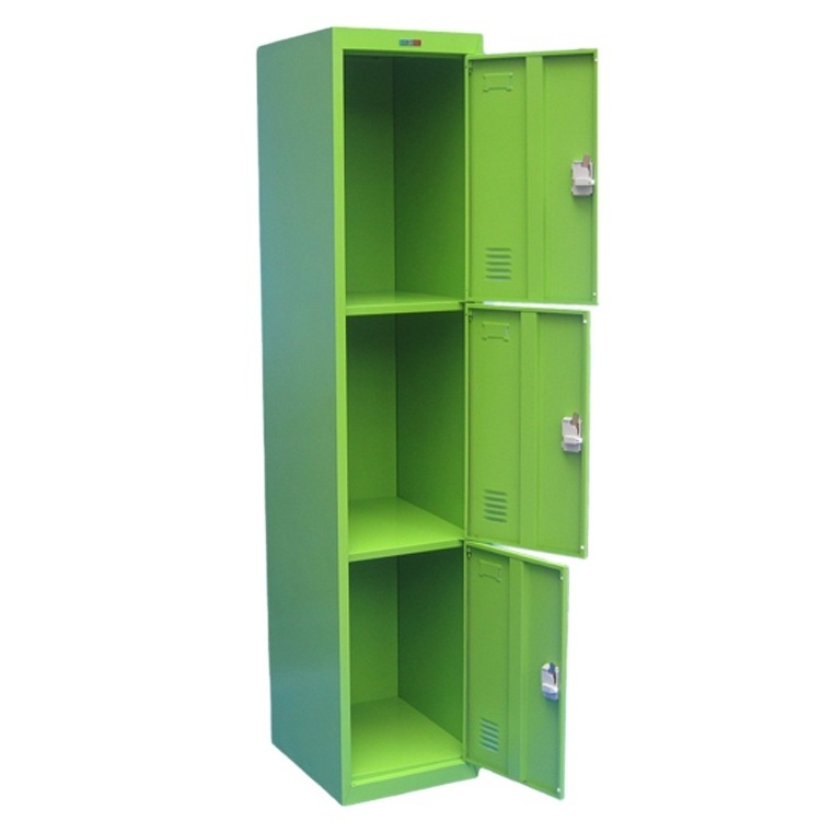 green three door metal corner children's closet / vertical slim 3 door kids personal effects storage steel cube wardrobe