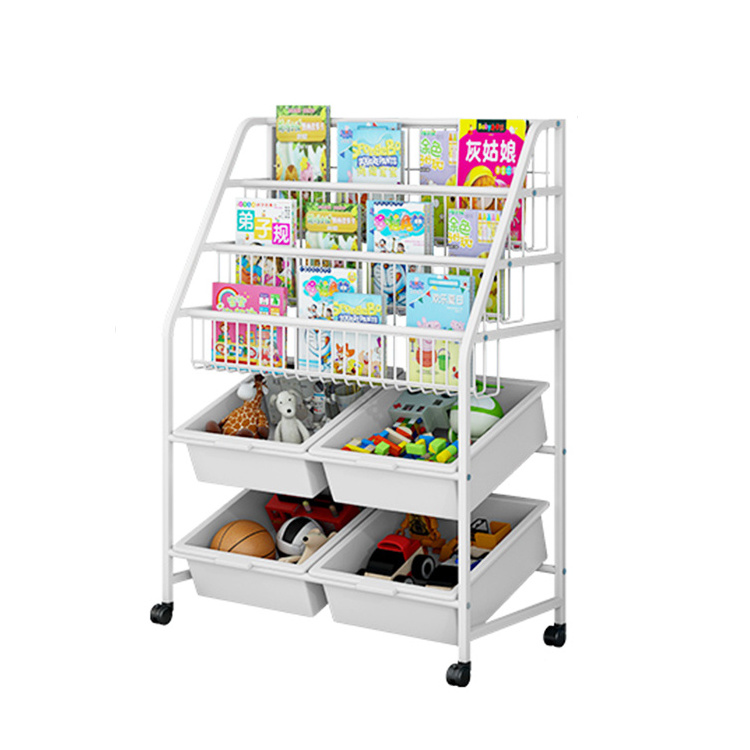 kids toy storage shelf picture book rack bookshelf children's locker bookcases with plastic storage basket