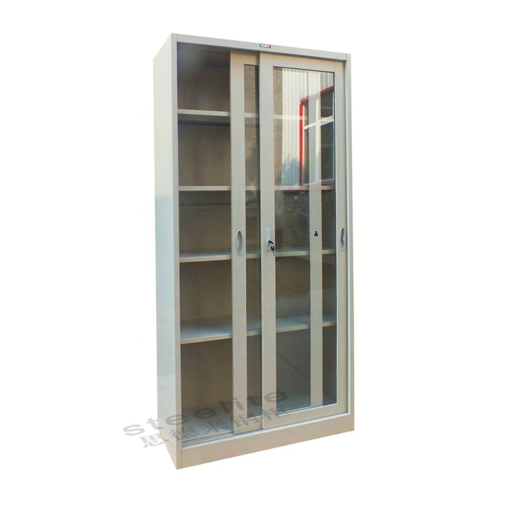 4 layer library goods display cupboard with glass sliding doors / vertical sliding glass door metal chemical storage cabinet