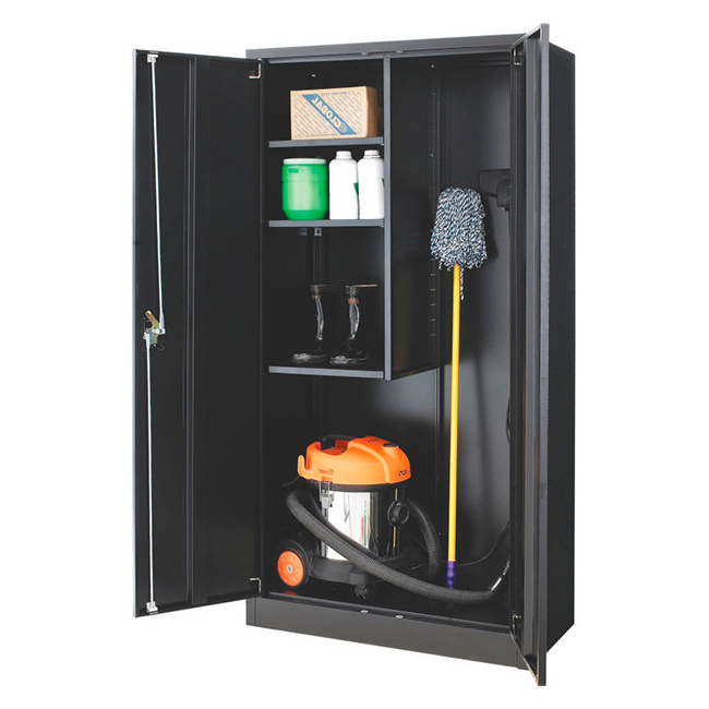 Free standing broom closet storage cabinet with adjustable shelves