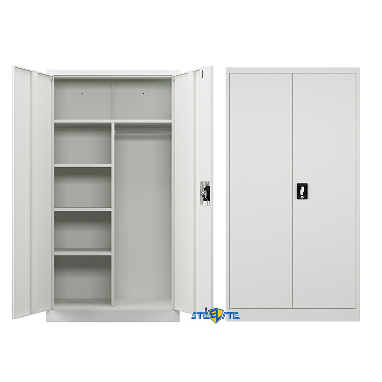 Knocked down high gloss 2 door steel wardrobe / 2 door wardrobe with shelves and hanging rail