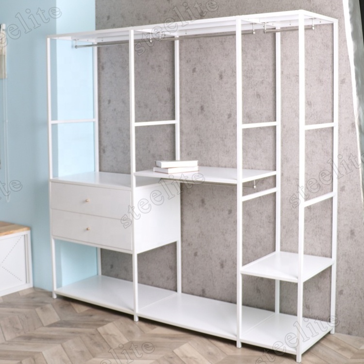 Multi-Function Bedroom Furniture Clothes Rack Stands Steel Metal Open Wardrobe With Drawers