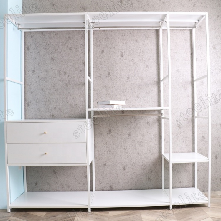 Multi-Function Bedroom Furniture Clothes Rack Stands Steel Metal Open Wardrobe With Drawers