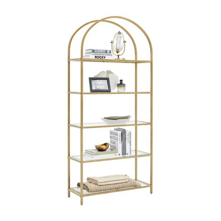 Custom 5 Tiers Tall Bookcase Book Shelf Rack Organizer Shelving Unit Free Standing Storage Golden Bookshelf with Curve Top