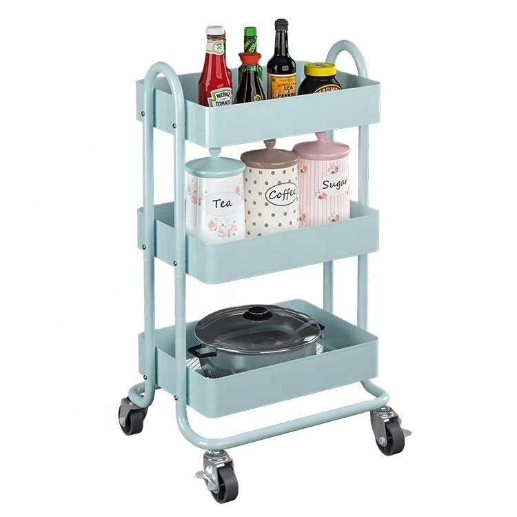 3 Tiers Basket Wire Mesh Rolling Trolley Cart With Wheel Portable Storage Cart Rolling Shelf Rack