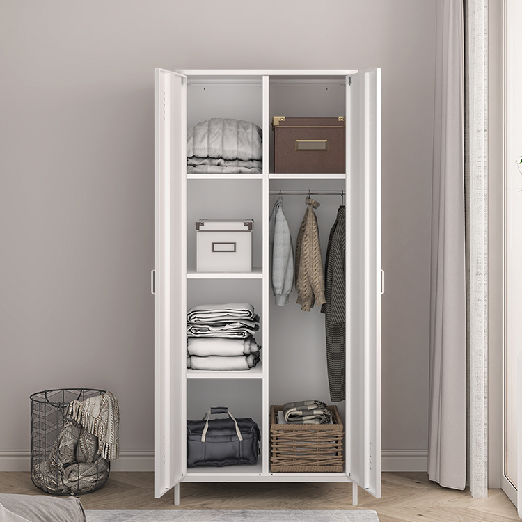 Luoyang steelite bedroom clothes cupboard locker two door white metal steel wardrobe closet with hanging rods and shelves