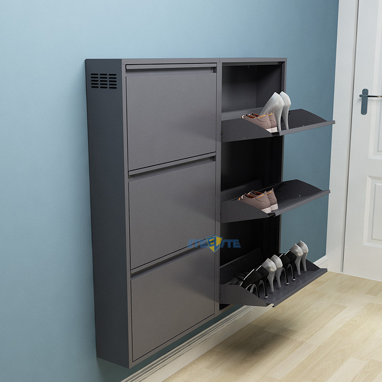 Shoe Cabinet-Metal Modern Shoe Storage Organizer Cabinet With Drawers