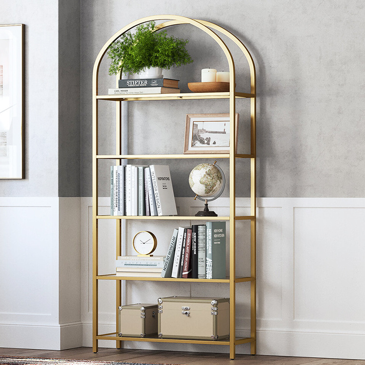 Custom 5 Tiers Tall Bookcase Book Shelf Rack Organizer Shelving Unit Free Standing Storage Golden Bookshelf with Curve Top