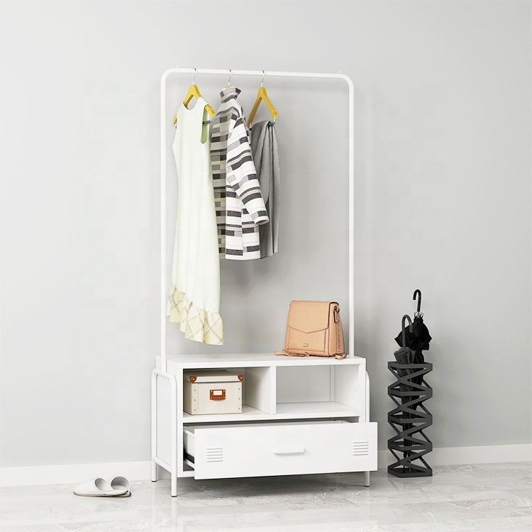 Hot Selling Metal Home Storage Shelf Coat Hanger Rack Bedside Coat Shelf With Bag Hang Pole and storage drawer