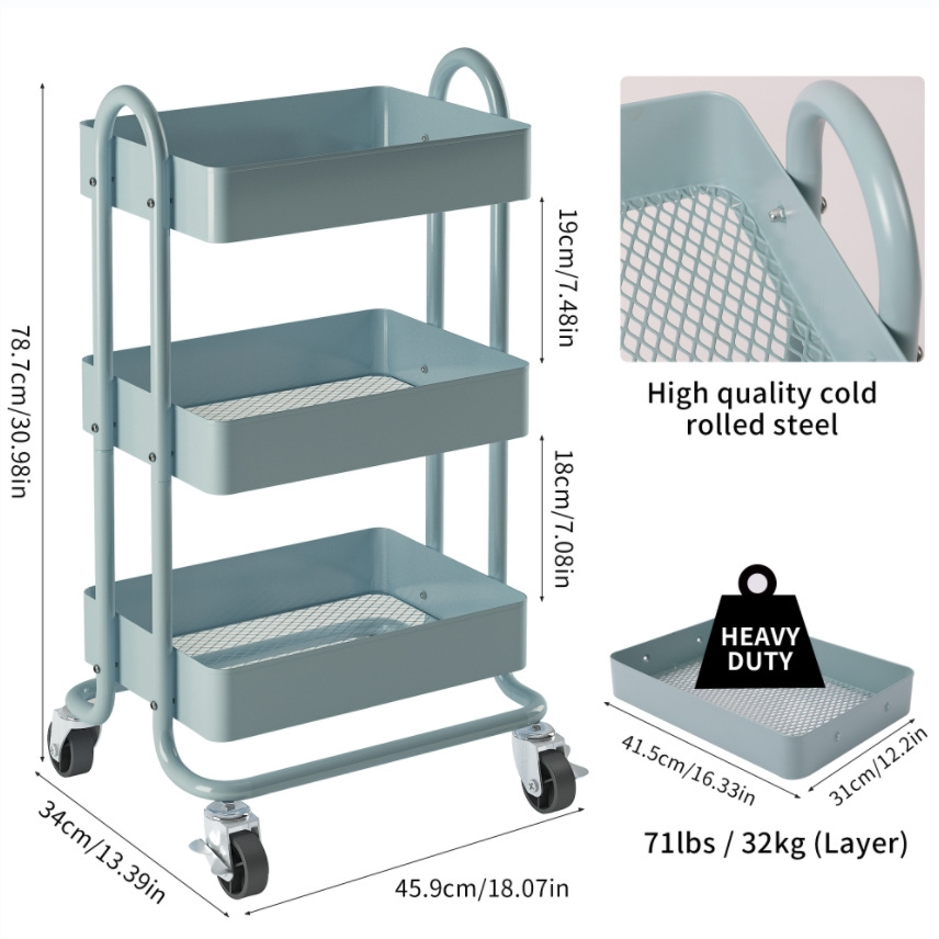 3 Tiers Basket Wire Mesh Rolling Trolley Cart With Wheel Portable Storage Cart Rolling Shelf Rack