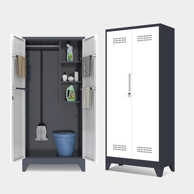 Free standing broom closet storage cabinet with adjustable shelves