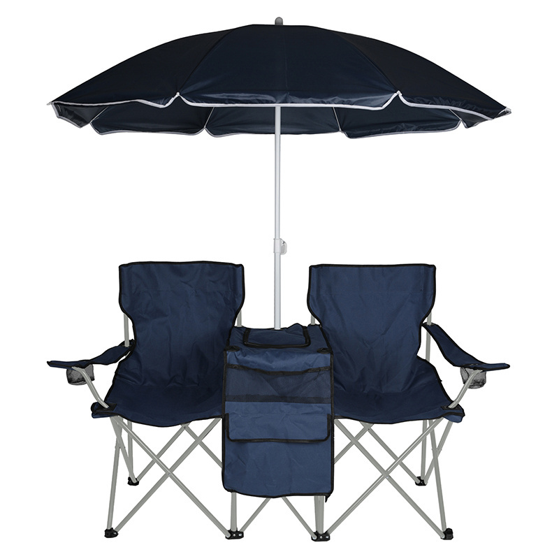 Factory Outdoor Double Seat Beach Camping Chair with Umbrella Sunshade and Ice Bag