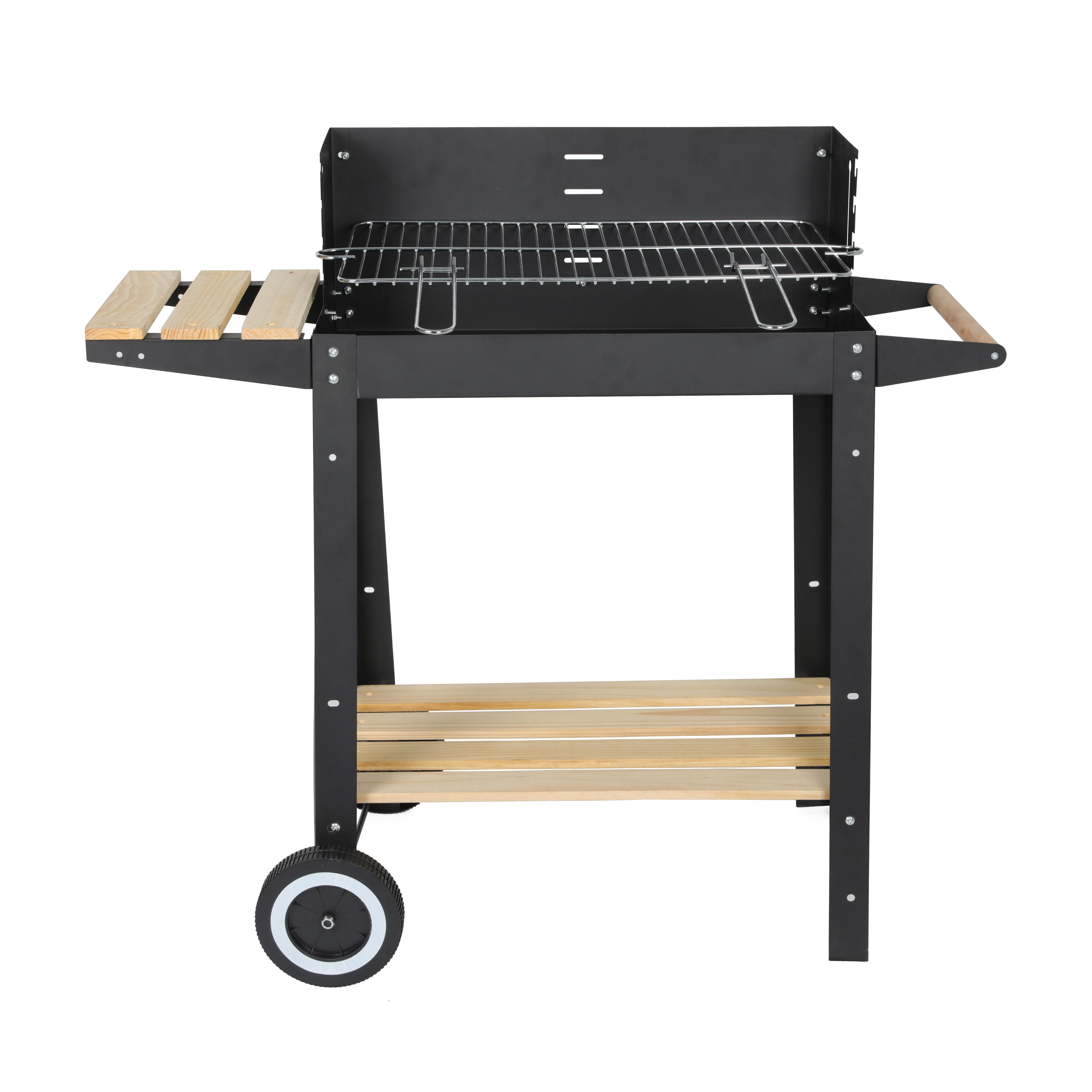 Portable Trolley Rectangular Steel Barbecue Charcoal Camping Grill With Wheels Wooden Shelves