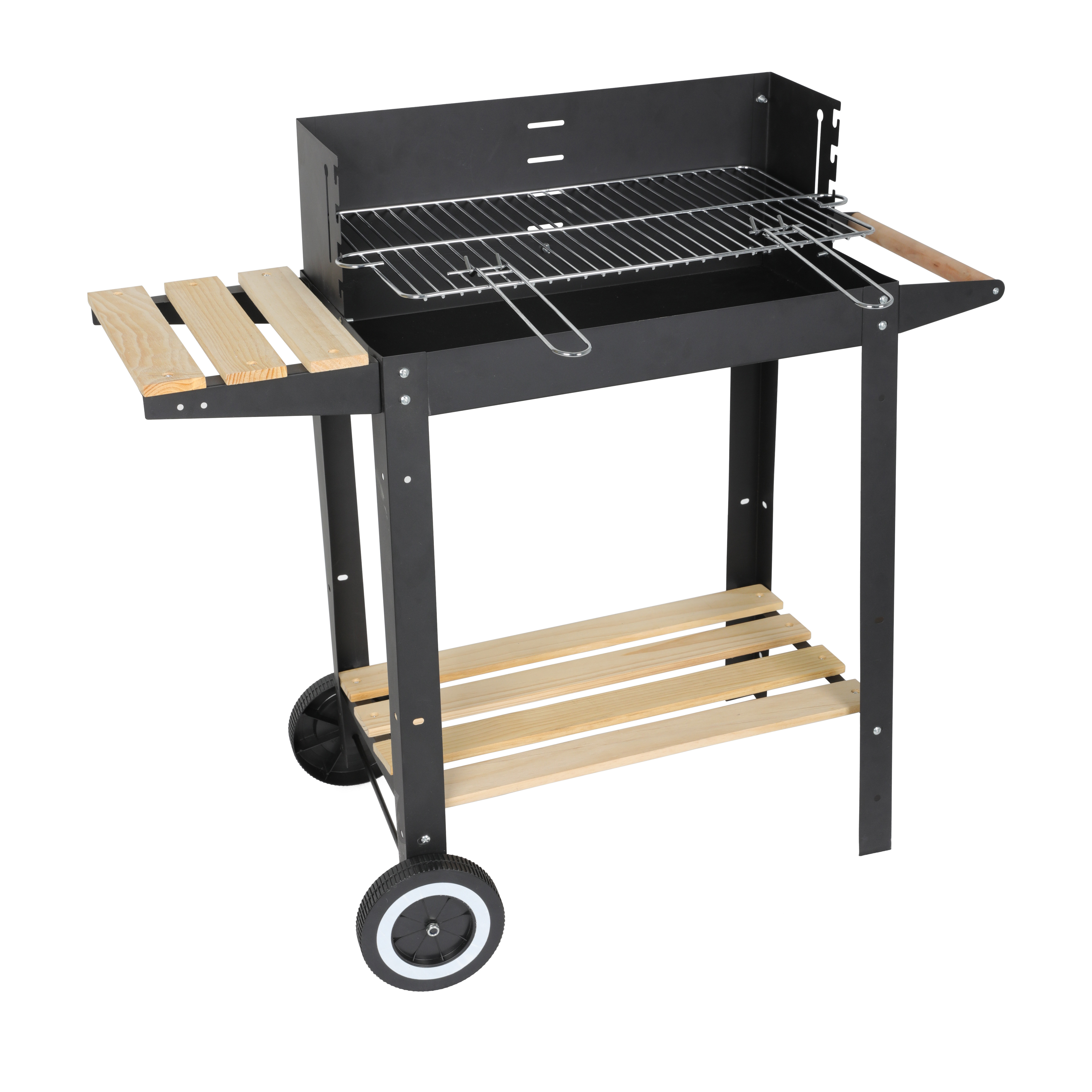 Portable Trolley Rectangular Steel Barbecue Charcoal Camping Grill With Wheels Wooden Shelves